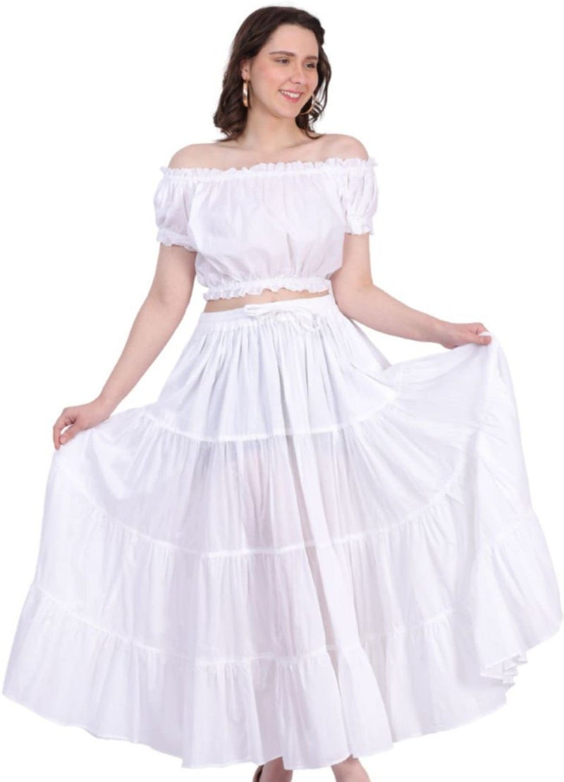 Wevez Womenâ€™s 12 Yards White Maxi Skirt for Women American Belly Dance 4 Tiered Cotton White Flowy Skirt Long - Image 3